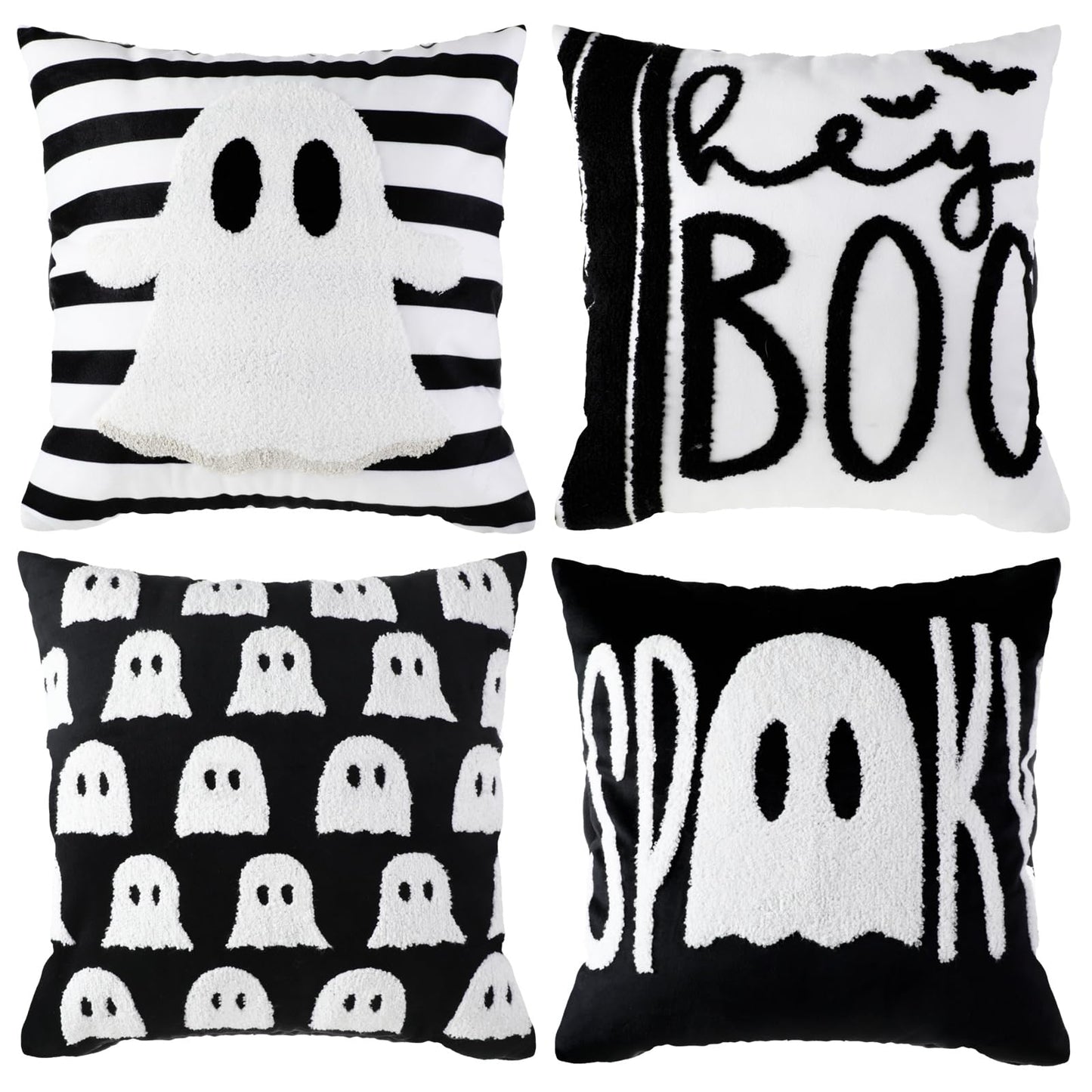 Beeveer 4 Pcs Halloween Throw Pillow Covers Set 18x18 Inch White Crochet Cute Ghost Pillow Case Embroidered Cushion Covers for Halloween Horror Farmhouse Couch Sofa Room Decor