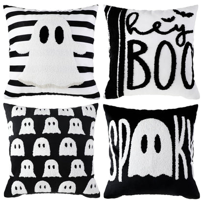 Beeveer 4 Pcs Halloween Throw Pillow Covers Set 18x18 Inch White Crochet Cute Ghost Pillow Case Embroidered Cushion Covers for Halloween Horror Farmhouse Couch Sofa Room Decor
