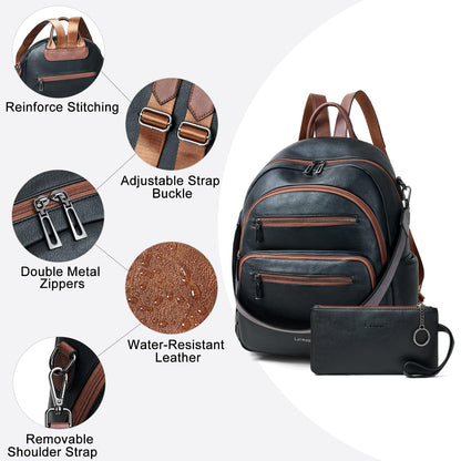 LATMAP Backpack Purse for Women Laptop Backpack, Leather Travel Backpack Shoulder Bag Teacher College Daypack Work Handbag fits 14" Laptop-Black with Brown