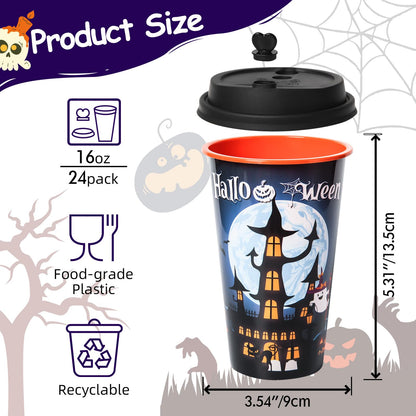 FZR Legend 24 Pack Halloween Party Favors Goodie Cups - Bats, Ghost, Cats, Pumpkin, Witch, Spider Patterns - 16OZ Reusable Plastic Cups With Lids and Plugs for Party Decorations