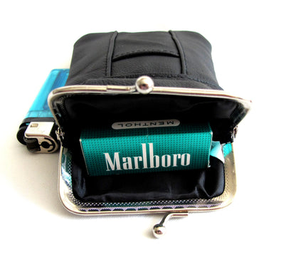 100's 120's 100% Genuine Leather Cigarette Case Lighter Pocket Kiss Lock Metal Twist Clasp Slim Durable -BLACK
