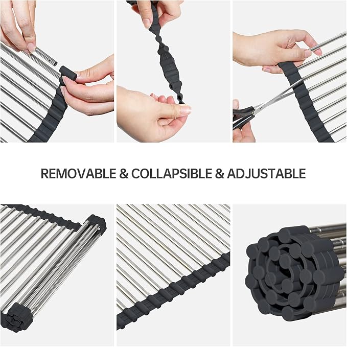 Expandable Roll Up Dish Drying Rack Over The Sink Rack, Foldable Dish Drainer Rack Stainless Steel for Large Sink, Silicone Rollable Collapsible Rack 18 Tube for Kitchen(Sliver,12.8'' to 21.25”)