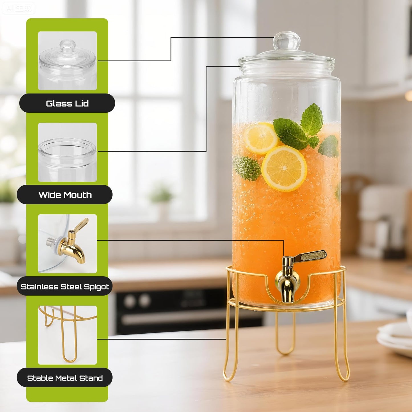 DHSBTLS 1.5 Gallon Glass Drink Dispensers, Round Beverage Dispenser for Party, BBQ and Picnic, Clear Airtight Juice Dispenser with Golden Stand, Stainless Steel Spigot, Markers and Chalkboard