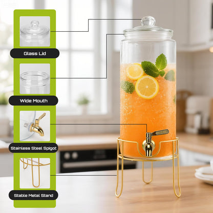 DHSBTLS 1.5 Gallon Glass Drink Dispensers, Round Beverage Dispenser for Party, BBQ and Picnic, Clear Airtight Juice Dispenser with Golden Stand, Stainless Steel Spigot, Markers and Chalkboard