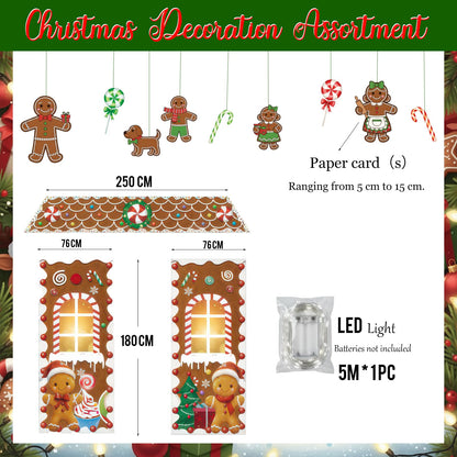 Christmas Gingerbread Door with lights Cardboard Cover Decorations,Gingerbread House Candy Porch Banner Sign for Xmas Holiday Classroom Office Home Party Decor