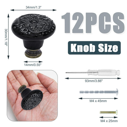 Biaungdo 12 Pcs Black Ceramic Vintage Round Drawer Knobs - Retro Ceramic Dresser Knobs and Pulls for Cabinet, Drawer, Cupboard