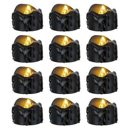 Windshell Black Tealight Candles with Auto 6H Timer (No Remote), Battery Operated LED Flameless Tea Lights with Melting Design, for Halloween Wedding Party, 12 Pack