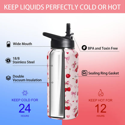 32oz Pink Cherry Insulated Aater Water Bottle with Straw Gym Hiking Sports Coffee Mug Cup Water Bottles,Cherry Gifts for Wome Decor Stuff Accessories