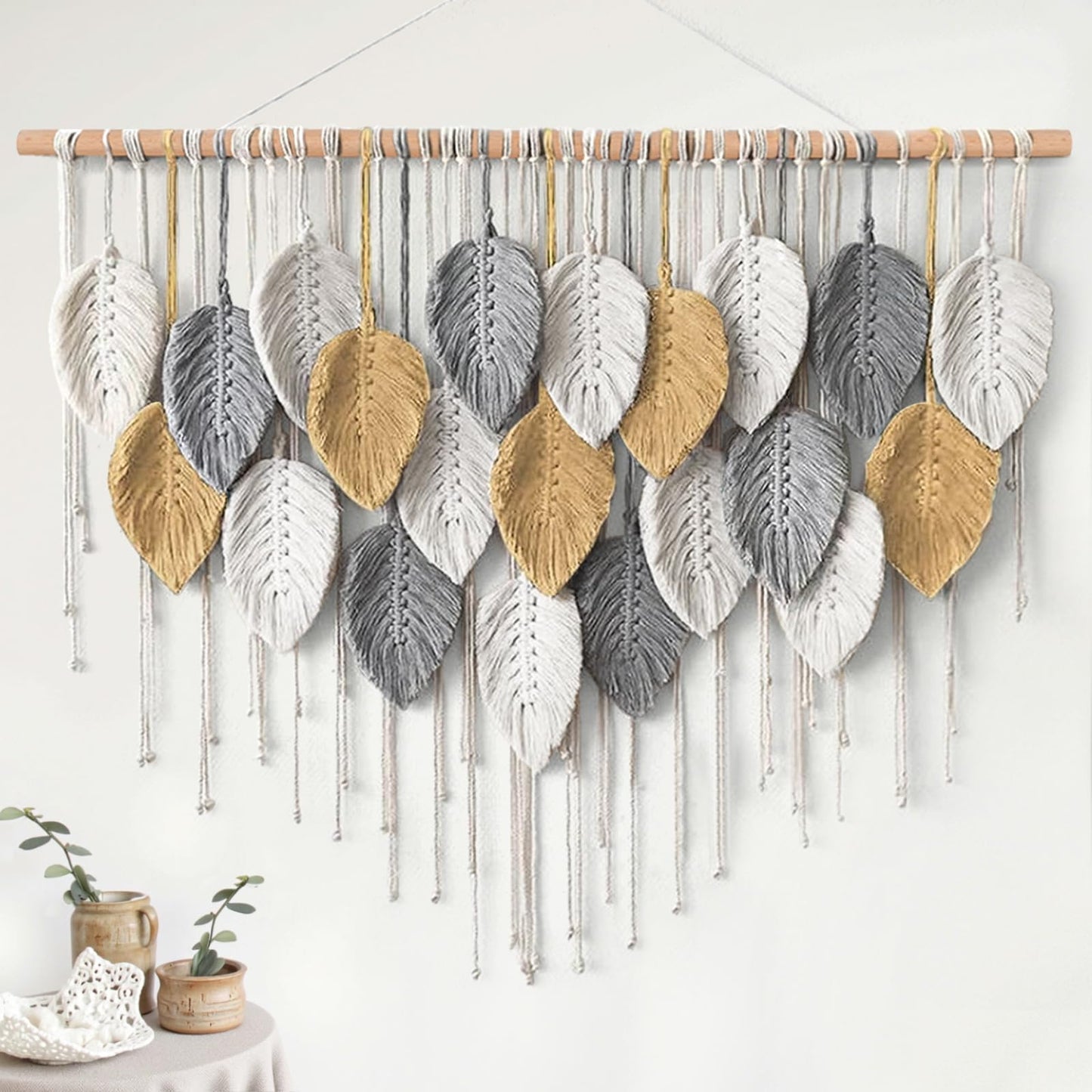 KHOYIME Large Macrame Wall Hanging Boho Woven Tapestry, Chic Modern Home Decor Bohemian Farmhouse Handmade Leaf Feather Wall Art Decorations for Living Room Bedroom Nursery Dorm Backdrop 39"W X 29.5"L