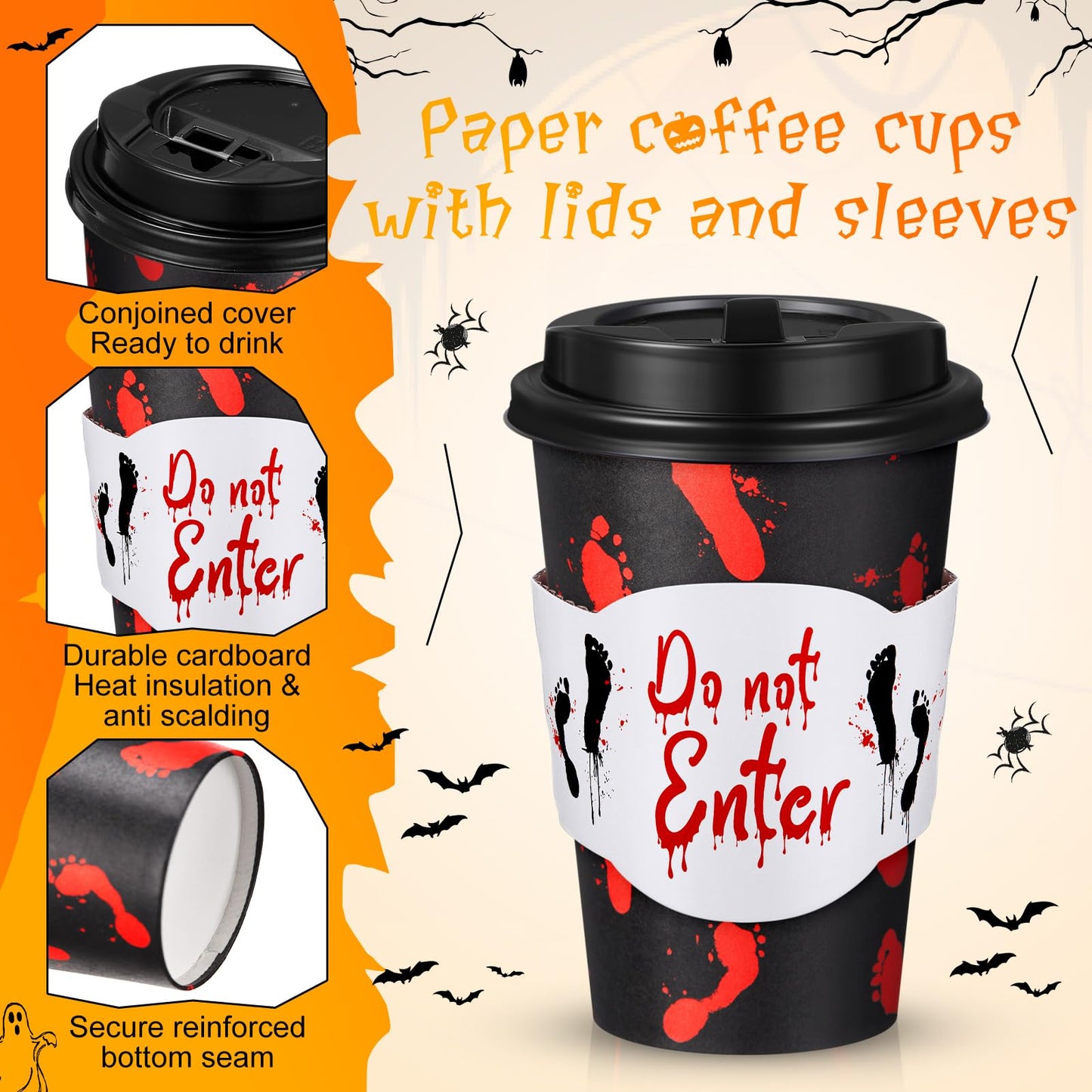 MotiMind 48 Set Halloween Disposable Coffee Cups with Lids & Sleeves 12 oz Halloween Hot Cold Beverage Paper Cups Bulk for Holiday Coffee Drinking Party Supplies Decorations(Black and Red,Blood)