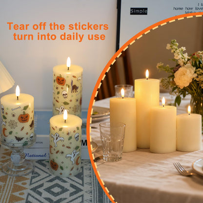 Lezonic Ivory Flameless Candles with Remote, LED Battery Operated Flickering with Timer, 4 Pack Glossy Wax Drips Design Real Wax Pillar for Halloween Decor, Centerpiece, Birthday Gifts (4/5/6/8 Inch)
