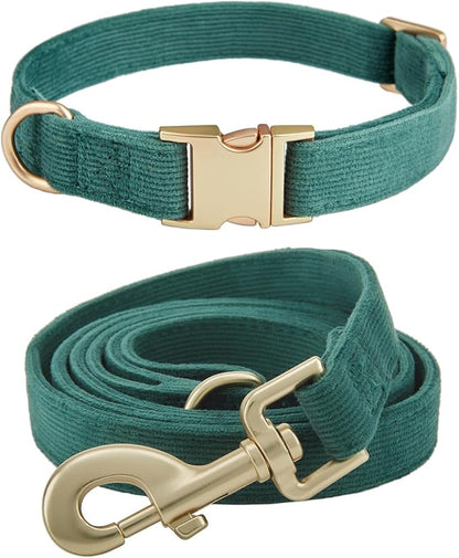 Soft Corduroy Dog Collar and Leash Set Adjustable Durable Dog Collars with Metal Buckle and Lead for Medium Dogs,Dark Green