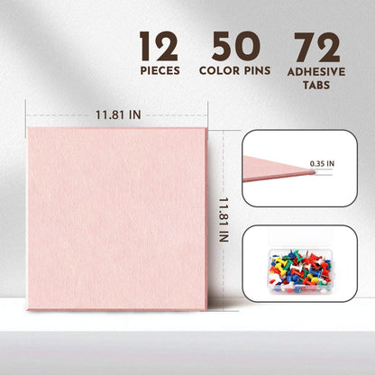 MISSDAY Pink Acoustic Wall Panel Felt Bulletin Board 48" x 36" Cork Board for Wall, 12-Pack Boards with 72 Removable Adhesive Tabs, 50 Pins, Pin Board for Home Office Classroom Soundproof Wall Tile