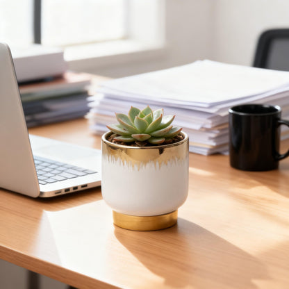 NEONWE White Ceramic Planters, Gold Flower Pots for Indoor Plants with Drainage Holes, Modern Round Planter with Drainage Holes - Plant Not Included 4.33 X4.33 Inch