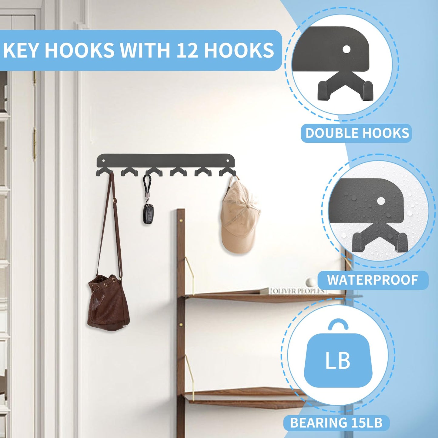 Yoanxong 2 Pack Key Holder for Wall, Key Hooks Wall Mount with 12 Hooks, No Drilling Required, Self-Adhesive Key Rack, Key Hanger Wall Mount for Corridor, Kitchen, Living Room - Gray