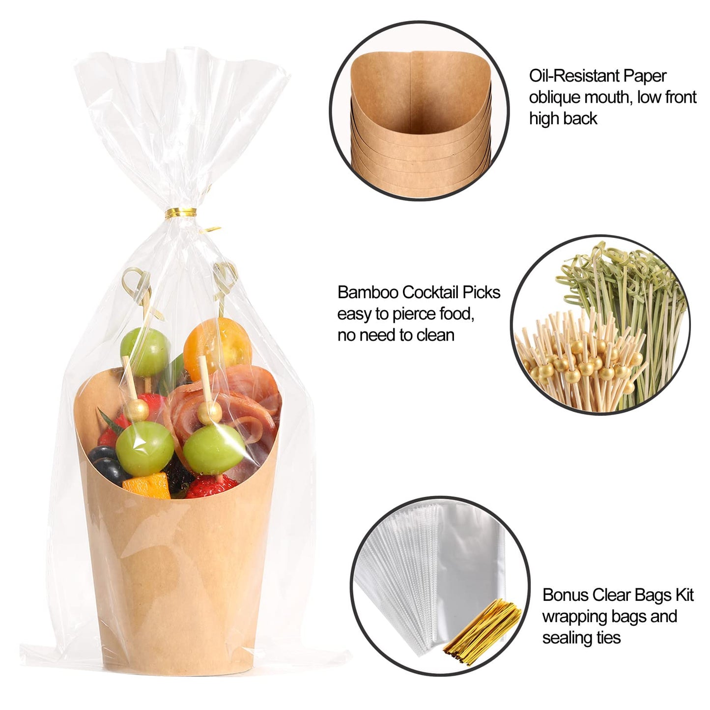 Disposable Charcuterie Cups 60 PCS with 200PCS Sticks and 60PCS Bags, 14 oz Kraft Paper Snack Boxes Appetizers Cup French Fry Holder with Cocktail Skewers Toothpicks Tooth Picks, Brown