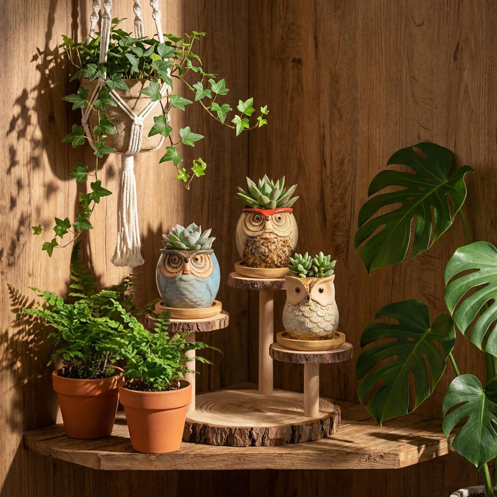 2.5"mini ceramic Cute Owl Animal Succulent Flower Pot Outdoor Bamboo Wooden Small Planter Stand Gift Set for Home,Office,Living Room,Bedroom Decoration,Windowsill,Indoor Desk,Kitchen Decor (3 Tier)