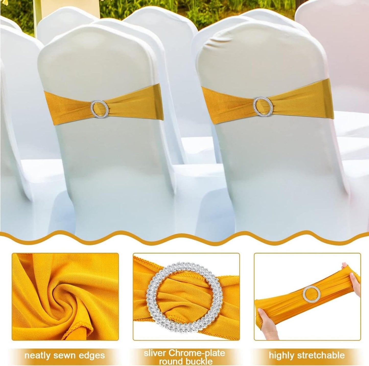 Hosuly 25 Pcs Gold Chair Sashes Bow with 10 Pcs Satin Table Runner Spandex Chair Sashes with Buckle Slider Satin Silk Runner for Wedding Ceremony Banquet Hotel Party Rectangle Round Table Decor