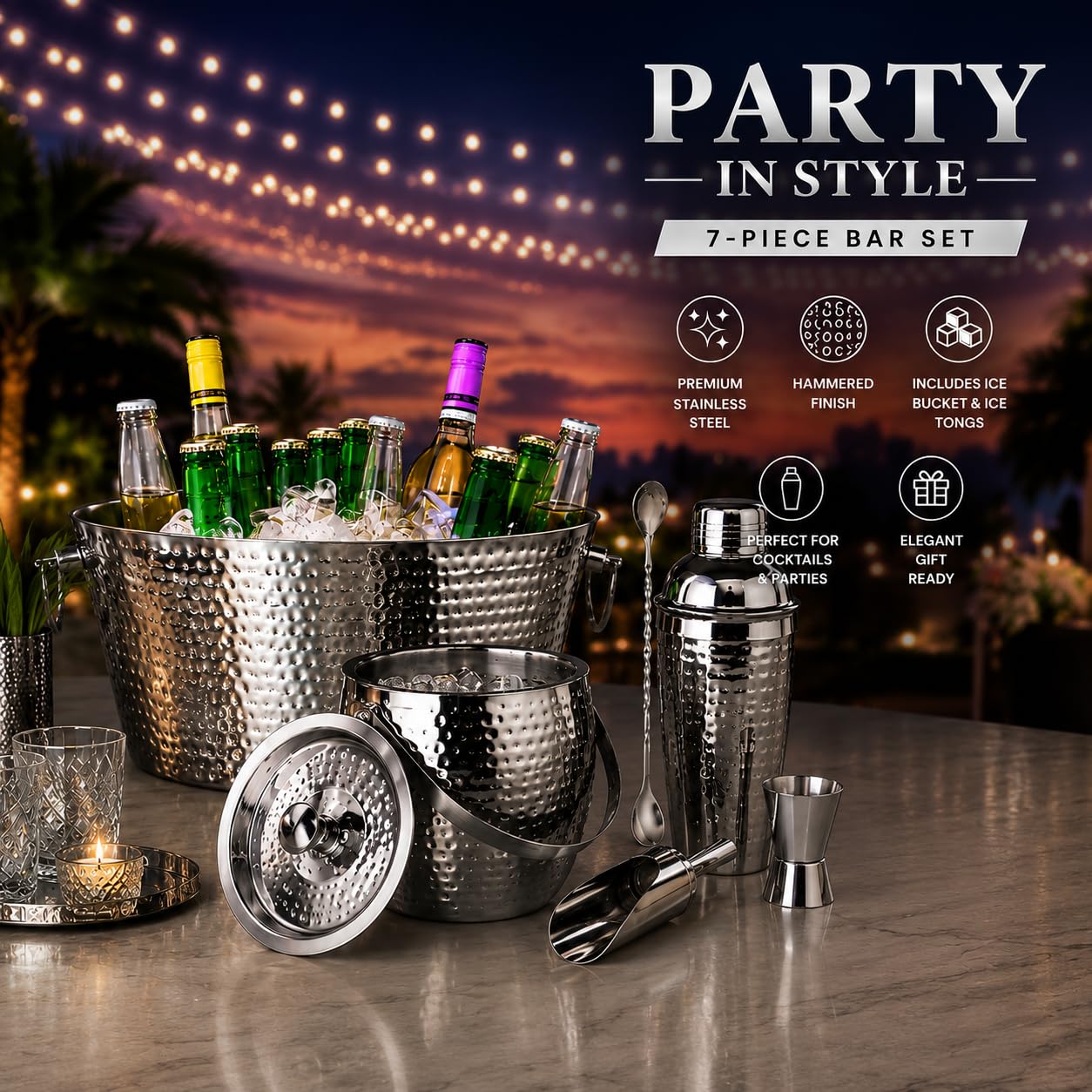 BREKX Stainless Steel Beverage Tub and Ice Bucket with Lid and Scoop Party Set, Silver Cocktail Barware Set