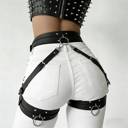 Women's Punk Gothic Leather Thigh Harness & Garter Belt Set-Adjustable Waist Cincher with Anti-Slip Leg Garter Straps for Cosplay,Nightclub Party Outfits and Body Chain Fashion Accessories