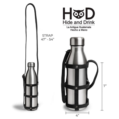 Hide & Drink, Rustic Leather Water Bottle Holder With Adjustable Strap, Fits (2.5 in.) Diameter Bottles, Holster, Carrier, Case, Booze Strap, Handmade (Charcoal Black)