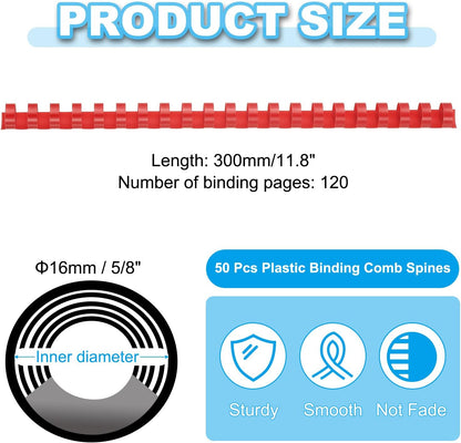 PATIKIL 16mm (5/8") Plastic Binding Combs, 50 Pcs 21 Rings Comb Binding Spines 120 Sheet Capacity Letter Size for Binding Paper Sheets Notebook Calendar Picture Album, Red
