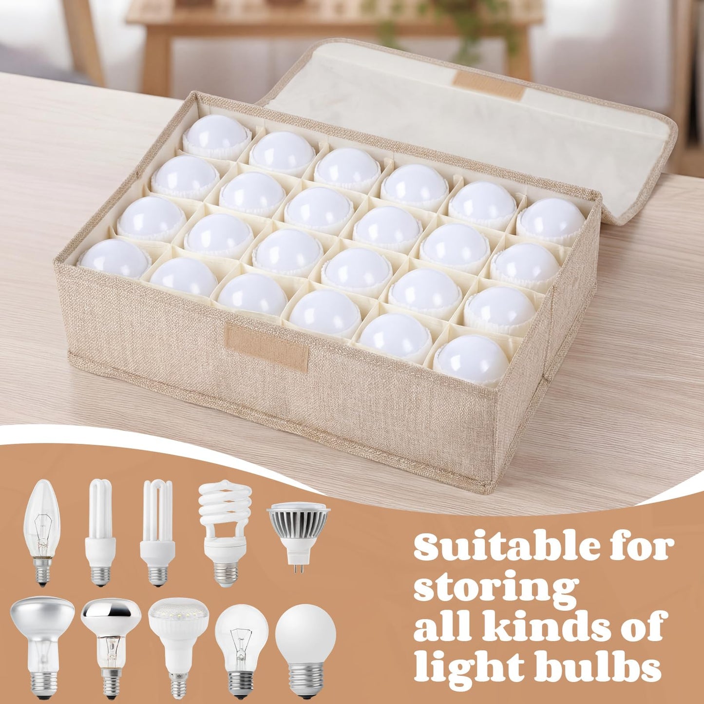 Acellegic 2 Pcs Light Bulb Organizer Storage Box Ornament Storage with 30 Dividers Foldable Bulbs Organizer with Lid Sturdy PP Board Fits Various Standard Dustproof Fabric Case for Home Vbs (Beige)