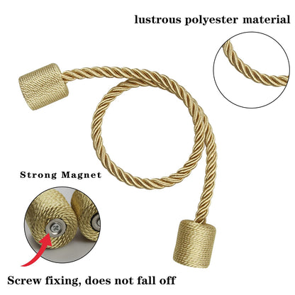 Porlau 6 Pack Gold Strong Magnetic Curtain Tiebacks Outdoor Elegant Decorative Tie Backs Modern Rope Tiebacks for Drapes Window Curtain Holdbacks for Draperies