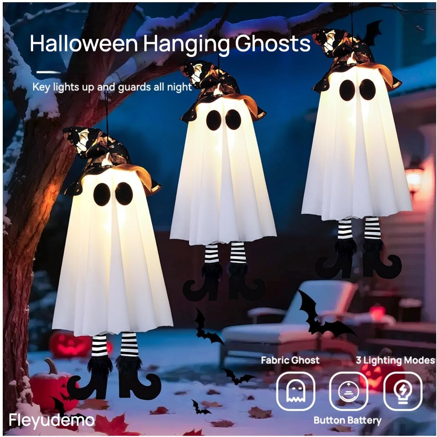 3 Pack Halloween Hanging Ghosts,Halloween Decorations Outdoor,19 inch Light Up Hanging Ghost with Witch Hat for Yard Patio Garden Tree