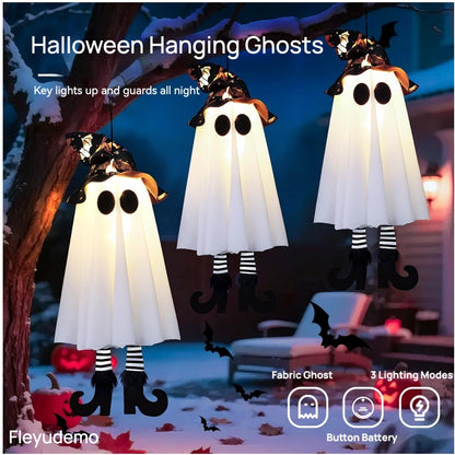 3 Pack Halloween Hanging Ghosts,Halloween Decorations Outdoor,19 inch Light Up Hanging Ghost with Witch Hat for Yard Patio Garden Tree