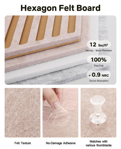 Hexagon Large Cork Bulletin Board Tiles, Peel and Stick Felt Wall Panels for Vision, Message Center, Picture and Prayer Board for Office, Dorm, Room and Desk Decor(Oatmeal)