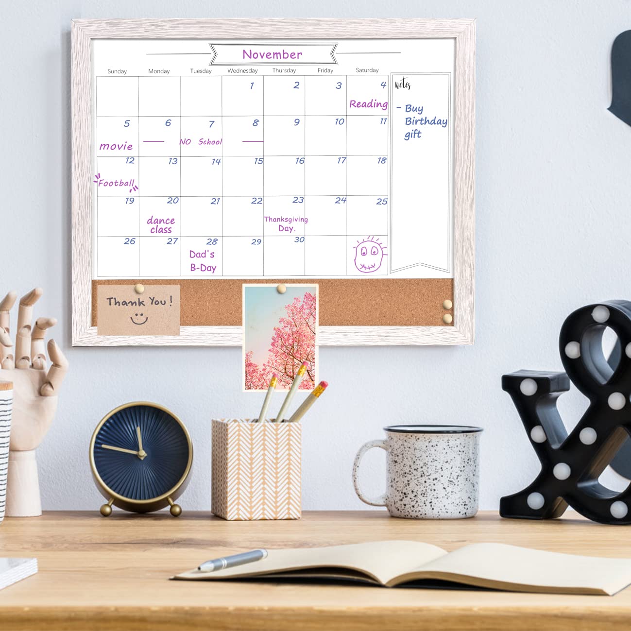 Dry Erase Calendar Whiteboard for Wall, Combination Magnetic Dry Erase White Board & Bulletin Board, 13" x 17" White Wood Framed Calendar/Cork Combo Board,Including 8 Markers and 1 Eraser(WH-3343+1)
