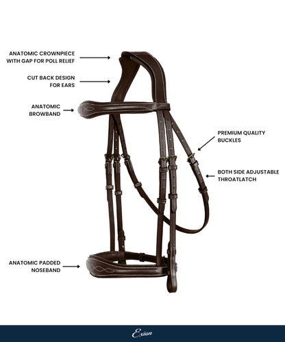 Exion Hunter Anatomic English Bridle – Padded Fancy Stitched Leather Bridle with Rubber Reins – Ergonomic Poll Relief Crownpiece for Show Jumping & Eventing – Stainless Steel – Havana Brown
