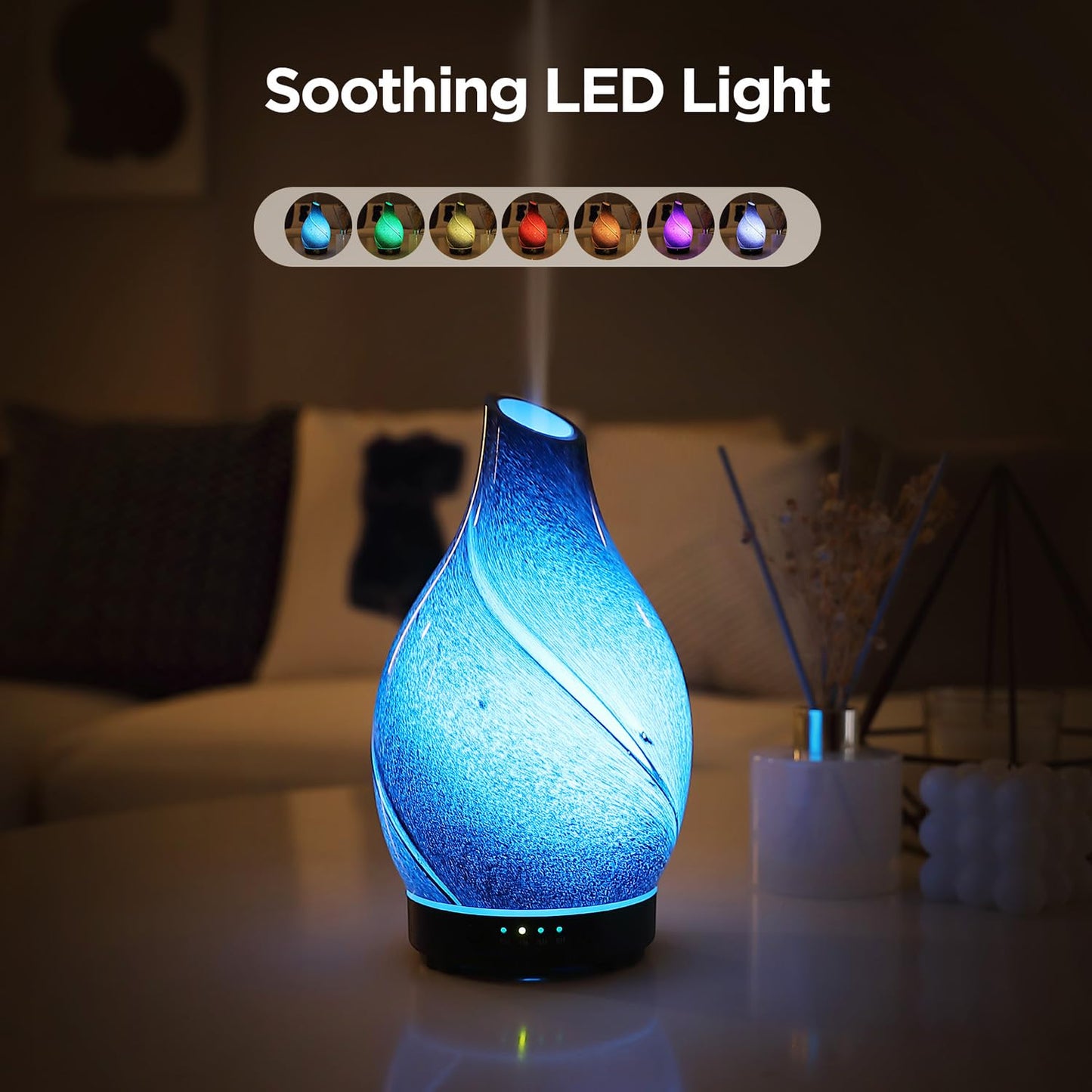 Essential Oil Diffuser Hand Blown Glass Aromatherapy Diffuser - Ultrasonic Cool Mist Scent Aroma Diffuser, Whisper Quiet with Auto Shut-Off, Timer Setting &7 Colors Night Light for Home