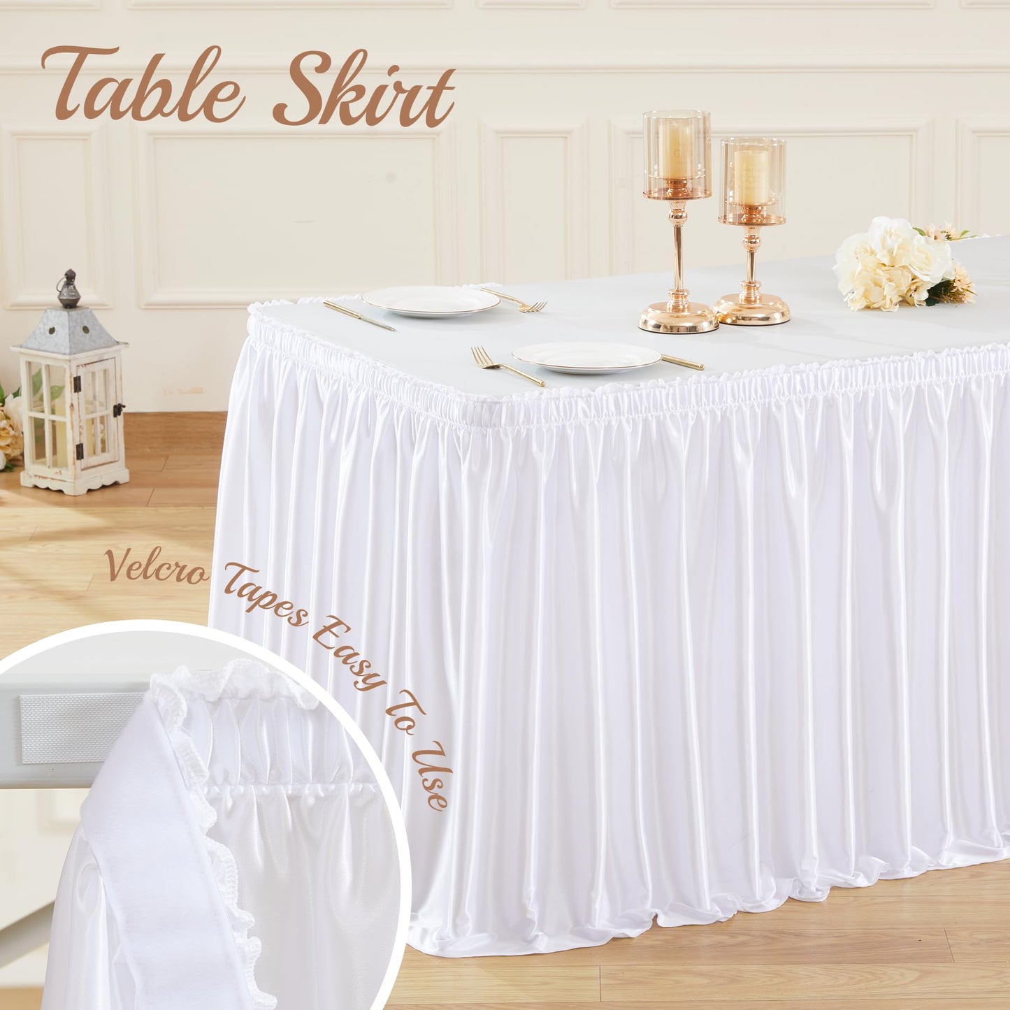 14ft Length Satin White Table Skirt Rectangle Tables, Wrinkle Resistant Ruffle Table Skirting Glitter Teacher Desk Cover Skirt for Dorm Office Birthday Party Wedding Buffet Displays Trade Shows