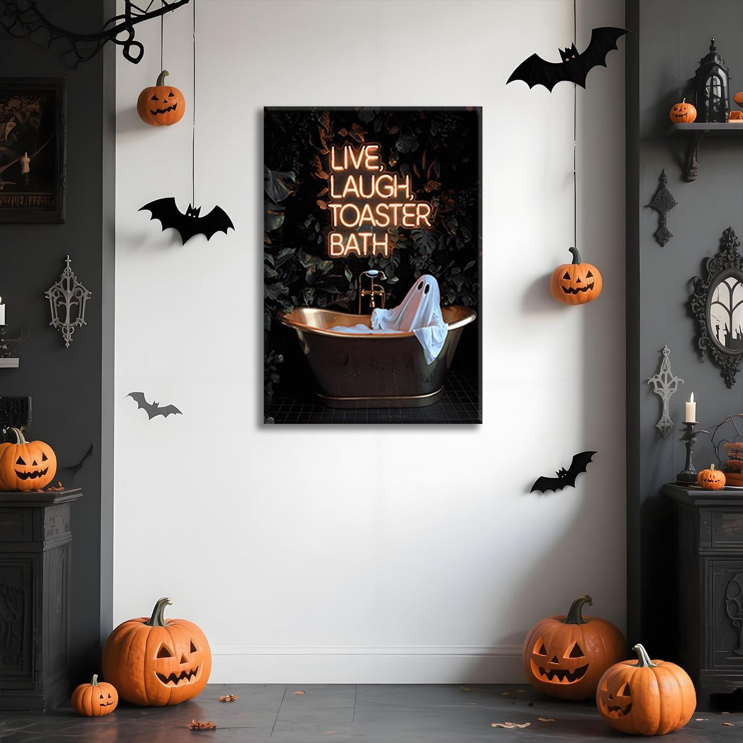 Gothic Ghost Wall Art Funny Live Laugh Toaster Bath Posters Dark Academia Halloween Decor Spooky Witchy Canvas Cute Ghost in Bathtub Prints Pictures for Bathroom Restroom Neon Sign 12x16inch Unframed