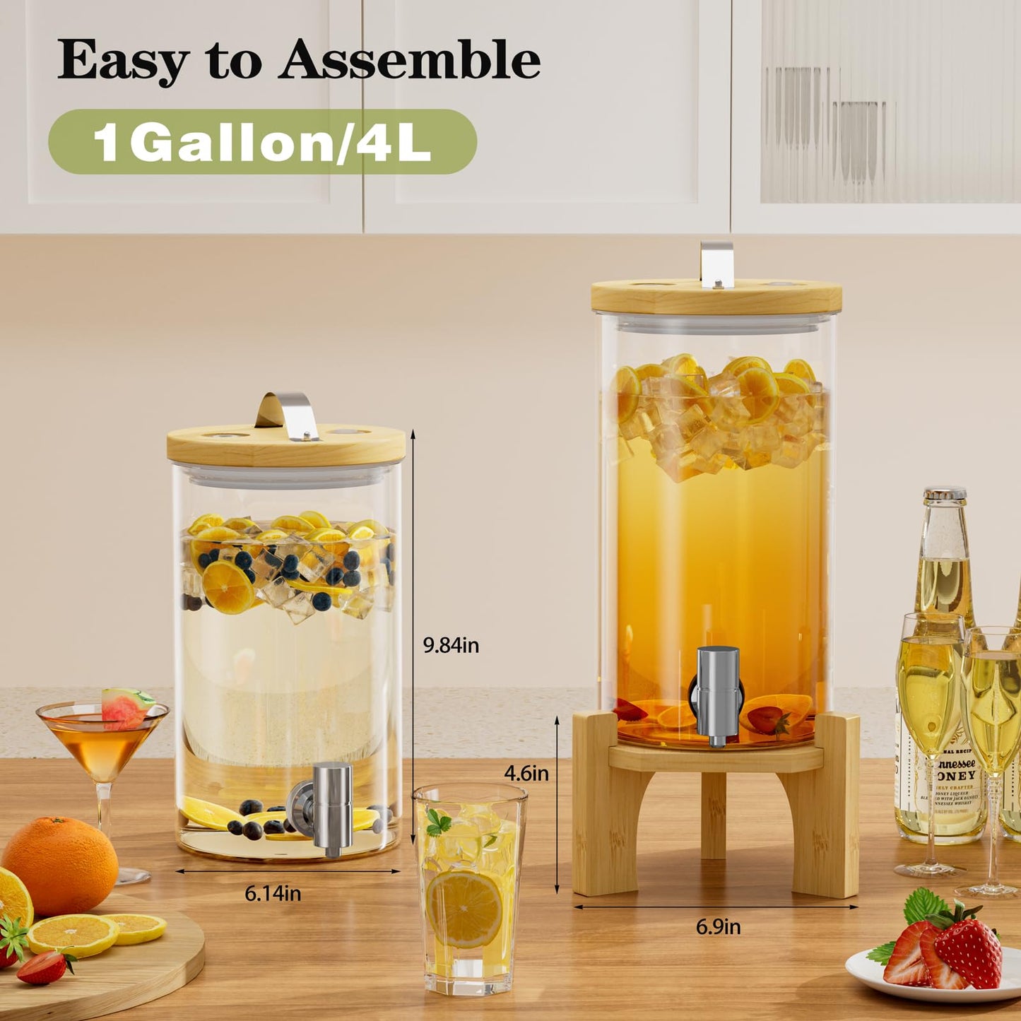 VOVUVK 1 Gallon Glass Drink Dispenser For Parties, Beverage Dispenser With Bamboo Wood Stand And Stainless Steel Spigot, Countertop Water Dispenser, Lemonade Dispenser For Wedding, Picnic (1PACK)