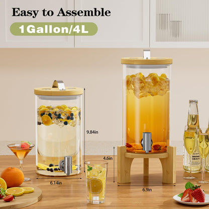 VOVUVK 1 Gallon Glass Drink Dispenser For Parties, Beverage Dispenser With Bamboo Wood Stand And Stainless Steel Spigot, Countertop Water Dispenser, Lemonade Dispenser For Wedding, Picnic (1PACK)