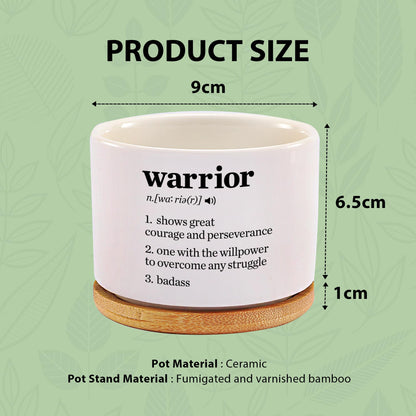 Warrior Definition Inspirational Gifts Ceramic Succulent Plant Pot with Bamboo Tray Round Motivational Encouragement Gifts Cancer Survivor Sobriety Home Decor Plant Lover 3.5 Inch White (No Plants)