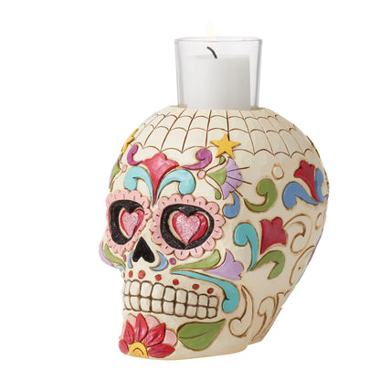 Enesco Jim Shore Heartwood Creek Four Seasons Day of The Dead Skull Votive Candleholder Without Candle, 5.5 Inches, Glass, Stone Resin, Witches, Zombies