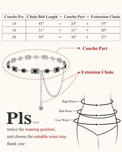 JKEEMI Women Western Concho Chain Belt Vintage Rhinestone Gems Boho Metal Waist Chain Jeans Dress Daily Concert Halloween