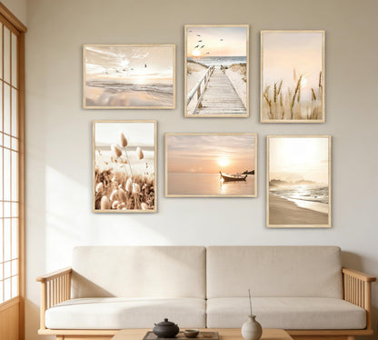 Beach Wall Art Boho Coastal Wall Decor, Neutral Beige Ocean Beach Pictures Wall Art, Set of 6 Minimalist Nature Grass Prints for Bedroom Bathroom Living Room, Unframed Canvas Posters 12x16in