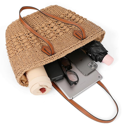 Women's Straw Shoulder Bag Large Rattan Woven Totes Summer Travel Beach Handbag Handmade Top Handle Purse