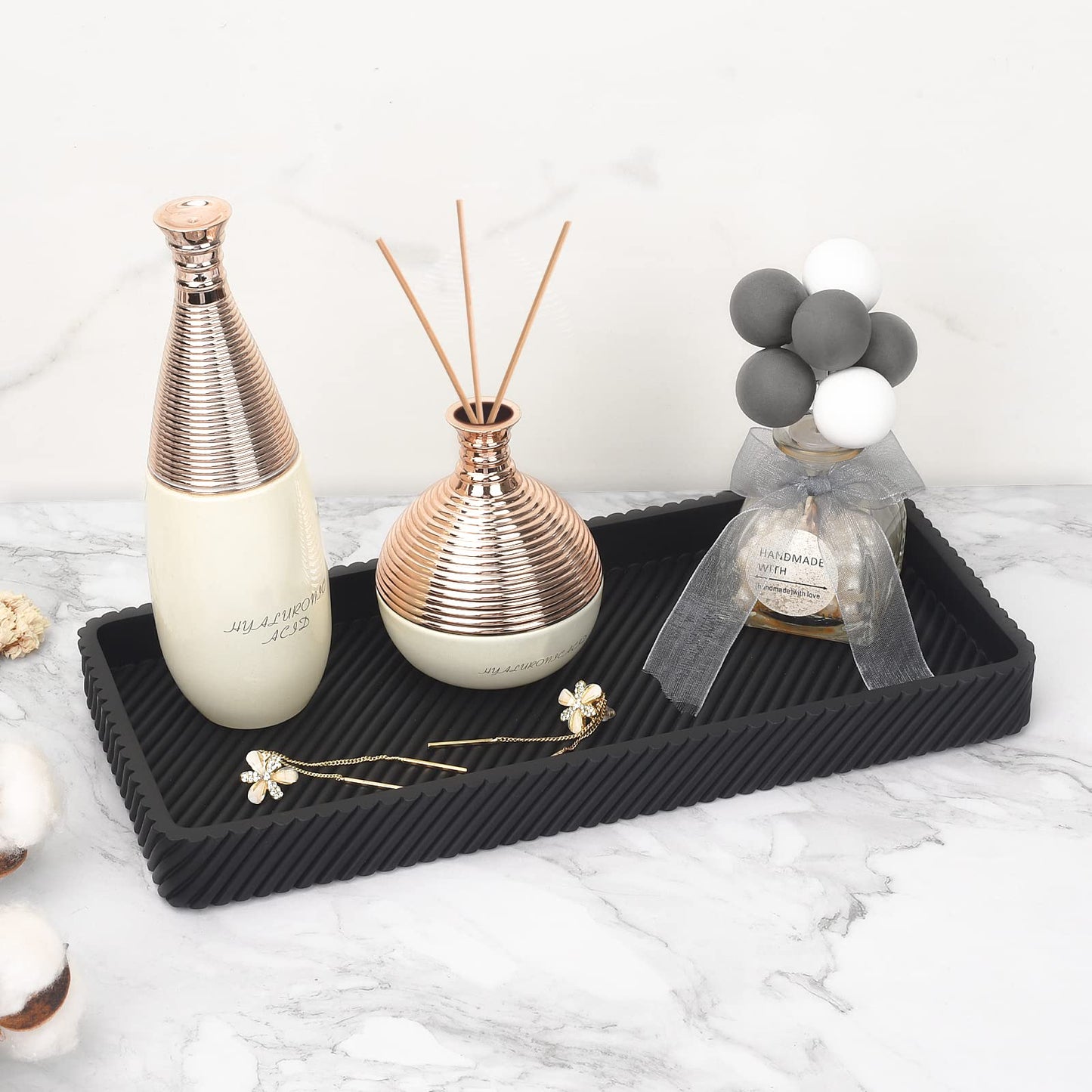 Black Bathroom Accessories Set 4 Pcs - Toothbrush Holder,Lotion Soap Dispenser,Qtip Holder Dispenser,Vanity Tray for Countertop Vanity Organizer,Bathroom Accessory Set