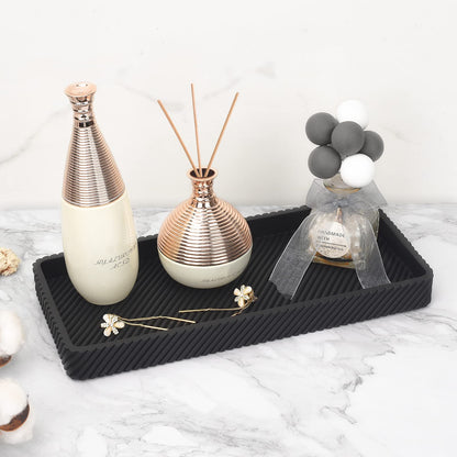 Black Bathroom Accessories Set 4 Pcs - Toothbrush Holder,Lotion Soap Dispenser,Qtip Holder Dispenser,Vanity Tray for Countertop Vanity Organizer,Bathroom Accessory Set