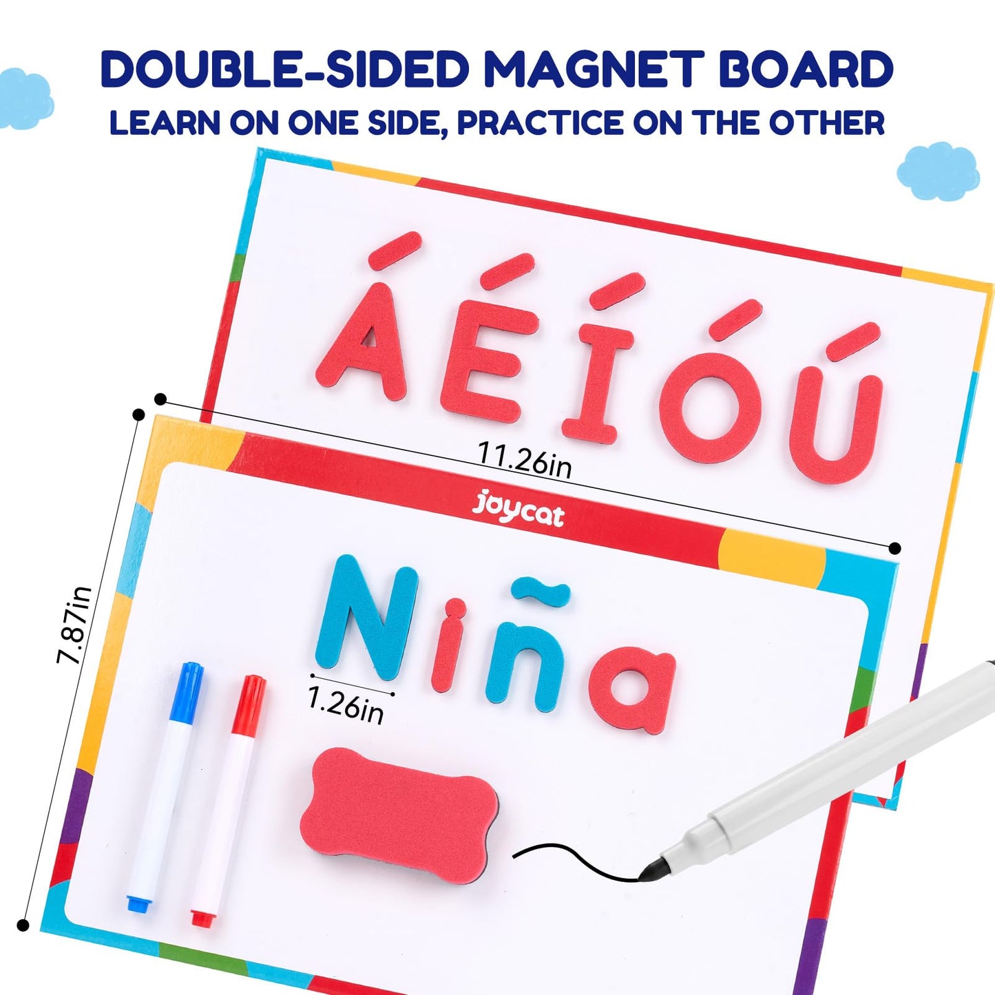 JoyCat English & Spanish Magnetic Letters Kit, 260 Pcs Foam Alphabet Magnets with Spanish Symbols & Double-Sided Magnetic Whiteboard, Bilingual Preschool Learning Toys for Classroom & Homeschool
