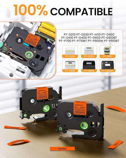 Replacement for Brother P Touch Label Tape Black on Fluoresent Orange TZe-B31 TZeB31 12mm 0.47'' Laminated TZe TZ Label Maker Tape, Compatible with PT-D210 PT-D220 PT-H110 PT-D400 PT-D600, 2-Pack