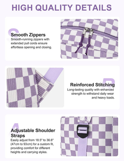 VASCHY Corduroy Backpack for Girls, Lightweight School Bag for Elementary, Middle & High School, Teen Bookbag, Women’s Casual Travel Daypack Purple Plaid