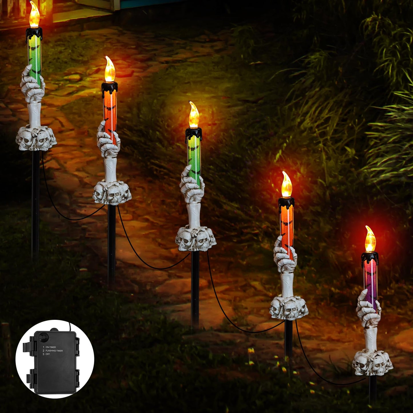YBB 5 Pack Skeleton Stake Pathway Lights, Ghost Hands Skull Candle Battery Operated Stake Lights for Halloween Outdoor Garden Lawn Yard Landscape Decoration