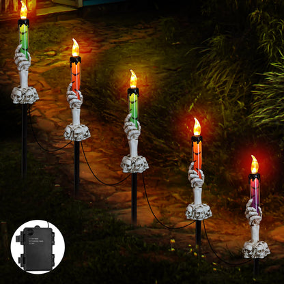YBB 5 Pack Skeleton Stake Pathway Lights, Ghost Hands Skull Candle Battery Operated Stake Lights for Halloween Outdoor Garden Lawn Yard Landscape Decoration